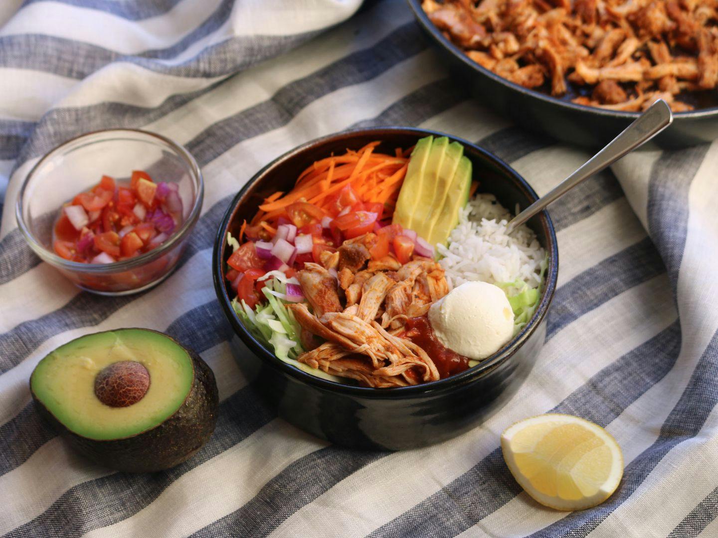Mexican pulled chicken burrito bowls