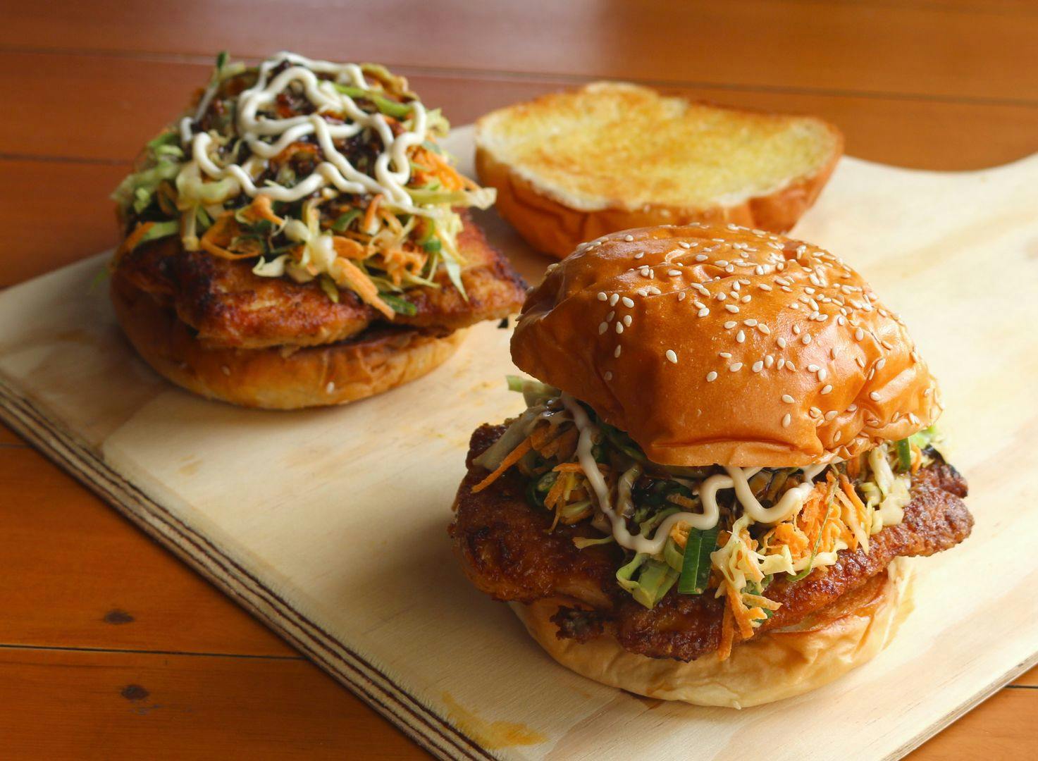 Sticky Korean fried chicken burgers with slaw